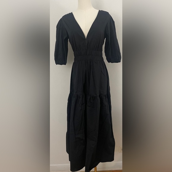 Rachel Parcell Puff Sleeve V-neck Poplin Midi Dress | Black Size Medium - Picture 2 of 10